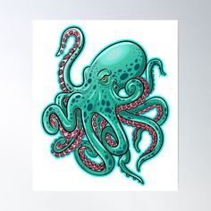 an octopus with pink and blue tentacles poster