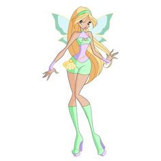 a cartoon fairy with long blonde hair and green stockings