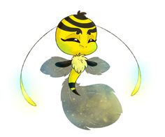 a yellow and black striped bee sitting on top of a white circle with stars in the background