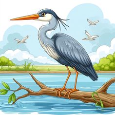 a bird is standing on a tree branch in the water and birds are flying around