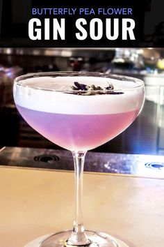 a gin sour cocktail in a coupe glass sitting on a counter with the text buttery pea flower gin sour