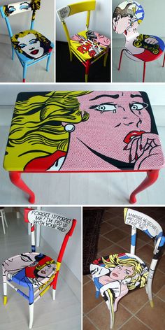 a collage of photos showing different chairs with faces painted on the back and sides