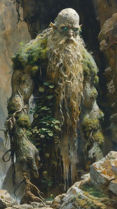 a painting of a man with long hair and beard standing in front of a cave