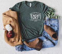 "Farm Est Custom Shirt, Customizable Farm Name Est Shirt, Life Is Better On The Farm Tee, Farm Matching Family Shirt, Pocket Farmer Shirt Tee ⭐Please Check All Photos For Details.   🐞Choose Your T-Shirt Size From The Drop-Down Lists Next To The item Picture   ⭐Choose Of Your T-Shirt Color From The 2nd Picture   🐞Use \"Add message to Seller\" link On The Checkout Page To Send me the Following important Details For Your Order's Customization.   ⭐Shipping Time Varies by location (we are located in Sugar Land, Texas) please consider that our turn around time is 1 to 3 business days.     ⭐Which brand do you use for t-shirts? We use Gildan, Bella Canvas Unisex, Hanes, District, Tees, Outlash and Next Level when we have a shortage of stocks for certain colors and sizes. Our printing method is p Farm Shirts, Matching Family Shirt, Farm Tees, Farmer Shirt, Shirt Pocket, Sugar Land, Family Shirts Matching, Shirts Ideas, Family Shirt