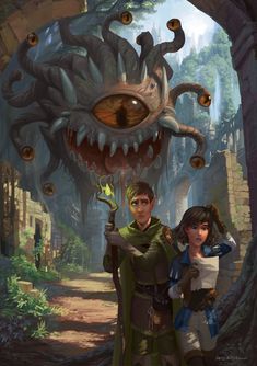 two people standing next to each other in front of a giant monster with an eye on it