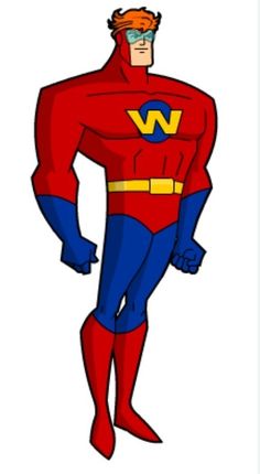 a man in a red and blue superman suit with his hands on his hips, standing