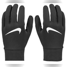 two black gloves with white nike logo on them