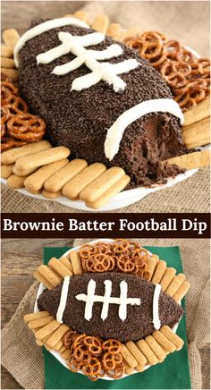 two pictures of brownie batter football dip with pretzels and pretzels