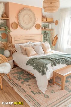 Bright Boho bedroom with pastel tones, rattan headboard, and cozy textiles. Airy Boho Bedroom, Pastel Boho Bedroom, Bright Boho Bedroom, Rattan Decor, Pastel Bedroom, Pastel Boho