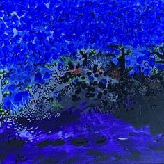 an abstract painting of blue flowers and plants on a black background, with dark spots in the center