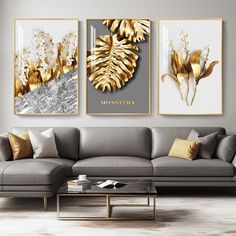 PRICES MAY VARY. [Framed Modern Wall Art]: A set of 3 modern large gold framed wall art, each measuring 24x36 inches, 3 pieces totaling 36" H x 72" W. The frame is made of durable, rust-proof metal, paired with a modern, simple, luxury gold frame that blends seamlessly with a variety of decor styles. [High-Quality Crystal Porcelain Coating]: The surface of this wall art is a waterproof crystal porcelain coating material with glass-like texture, brightness, and transparency. Covering the painting Abstract Leaf, Nordic Wall Art, Nordic Art, Gold Wall Art, Leaf Flower, Art Canvas Painting, Stylish Living Room, Modern Home Office, Flower Canvas