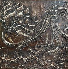 an intricately carved wooden panel with octopus and ship in the ocean on it's side