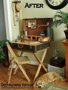 a dog laying on the floor next to an old fashioned desk with a clock above it