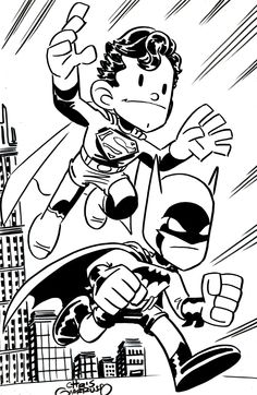 a black and white drawing of a cartoon character flying through the air with buildings in the background