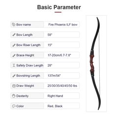 an image of a bow and arrow with measurements for the size, width, and length