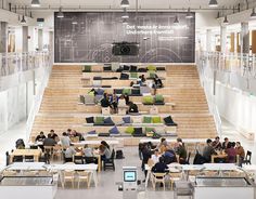 people are sitting at tables in an open area with stairs leading up to the second floor