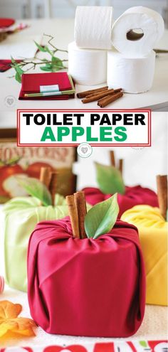 toilet paper apples are sitting on the table