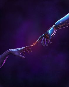 two hands reaching out to each other in front of purple and blue background with text that reads