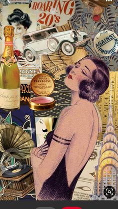 an image of a woman surrounded by many different things in the background, including a bottle of champagne