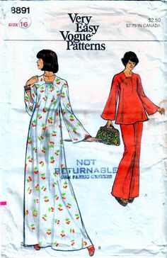 two women's pajamas and one woman's blouse sewing pattern from the 1970s