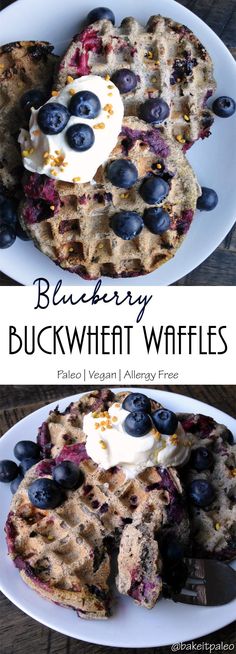 blueberry buckwheat waffles with yogurt and blueberries on top