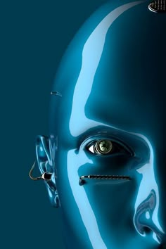 an image of a blue human head with eyes and nose piercings on it's forehead