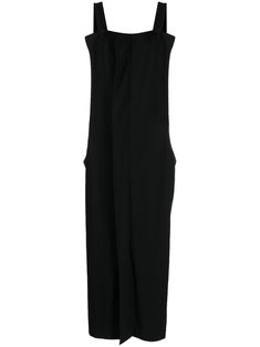 black wool concealed front fastening square neck sleeveless long length straight hem Black Solid Color Overall Jumpsuit, Black Sleeveless Cotton Overalls, Dark Wash Full-length Overalls With Pockets, Black Non-stretch Overalls With Pockets, Black Non-stretch Jumpsuits And Rompers With Pockets, Pinafore Dress, Black Wool, Long Length, Basic Tank Top