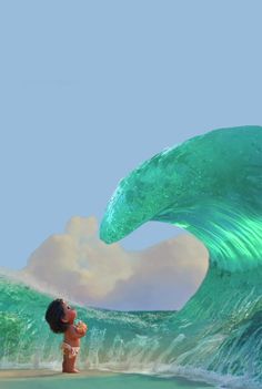 a cartoon character standing in front of a giant wave