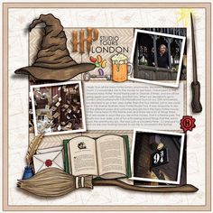 a collage of photos with harry potters hat and hogwart's broom