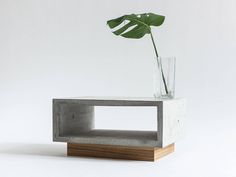 a plant in a vase on top of a concrete block with a wooden base and bottom