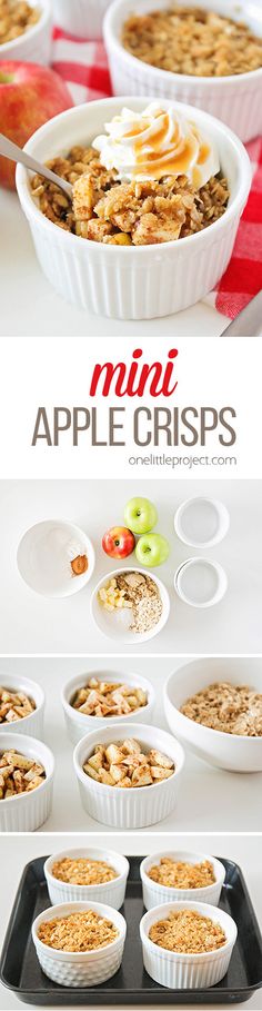 an image of apple crispes with apples in the background and text overlay that reads, mini apple crispes