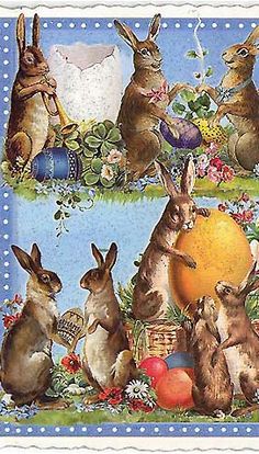 an easter scene with rabbits and eggs