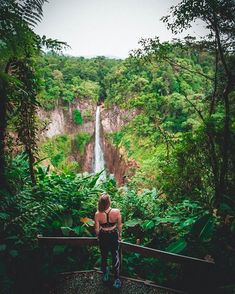 a woman standing at the top of a wooden bridge looking down at a waterfall in the jungle