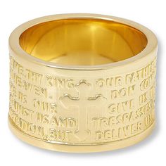 Bellezza Bronze Lord's Prayer Wide Band Ring A trefoil cross and the Lord's Prayer grace this wide, cigar-style band. Discover for yourself or a loved one a simple, yet lovely, reflection on faith and devotion.         Approx. 1/2"L x 1/16"H; shank 1/2"W      Bronze; goldtone; polished, textured, engraved finish Collectible Wide Band Engraved Jewelry, The Lord's Prayer, Lord's Prayer, Wide Band Ring, The Lords Prayer, Gold Piece, Wide Band Rings, Jewelry Techniques, Lovely Ring