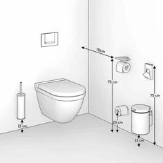 a drawing of a bathroom with toilet, trash can and other items labeled in the diagram