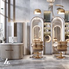 the interior of a salon with chairs and mirrors