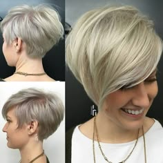 three pictures of a woman with short hair and blonde pixies, all in different angles