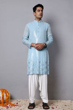 Sky blue kurta with placed honeycomb embroidered patterns embellished by sequins. Comes with a pathani. - Aza Fashions Designer Blue Sequin Kurta, Traditional Blue Kurta With Sequins, Pathani For Men, Embroidered Patterns, Blue Kurta, Men Kurta, Mandarin Collar, Aza Fashion, Honeycomb