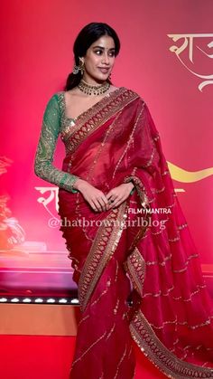 Janvi Kapoor Red Saree, Karwachoth Look In Saree, Saree For Karwa Chauth 2024, Saree For Newly Married Bride, Sarees For Newly Wed Bride, Saree For Roka Ceremony, Saree For Karwa Chauth, Newly Wed Indian Bride Look In Saree, Trending Sarees Indian Weddings