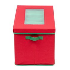 a red box with a green ribbon around the top and bottom, on a white background