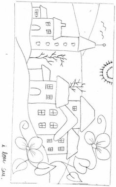 a drawing of a house with trees and flowers