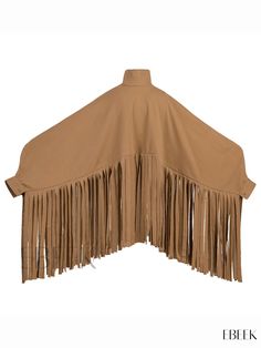 Ebeek - Womens Tassel Cape Coat: Chic Solid Long Sleeve Outerwear Long Sleeve Fringe Poncho For Fall, Fringe Long Sleeve Poncho For Fall, Fringed Long Sleeve Poncho For Fall, Winter Fringe Cape Outerwear, Fall Fringe Cape Outerwear, Fringe Cape Outerwear For Fall, Oversized Fringe Cape For Fall, Brown Tasseled Outerwear For Spring, Fitted Tassel Tops For Fall