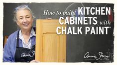 an older woman holding up a cabinet with chalk paint on it and the words how to paint kitchen cabinets with chalk paint