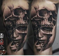 a man's leg with two skulls on it and one skull in the middle