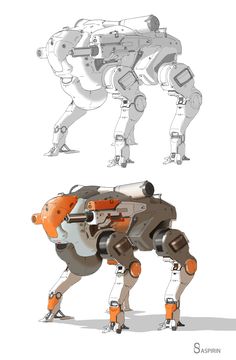 the robot dog is standing in front of an orange and white object with wheels on it