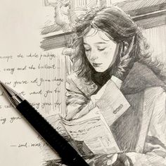 a pencil drawing of a woman reading a book