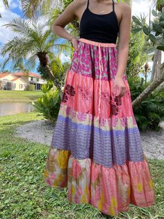 Womens Flamingo Pink Floral Beach Maxi Skirt Patchwork Boho Skirts S/M Chic Maxi Skirt, Skirt Patchwork, Beach Maxi Skirt, Statement Skirt, Flamingo Pink, Boho Pants, Floral Maxi Skirt, Boho Skirts, Free Spirited