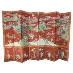 Stunning vintage Gracie style chinoiserie painted wallpaper eight panel wood screen. Rich colors of sage green, yellow, pink and white on a dark red background and includes Asian figures and scenery throughout. Each panel is 17 inches wide. This large screen will be a focal point in any room. Asian Room, Chinoiserie Room, Painted Wallpaper, Dark Red Background, Wood Screens, Panel Screen, Chinoiserie Wallpaper, Folding Screen, Painting Wallpaper