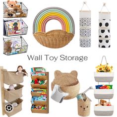 the wall toy storage is organized with baskets and toys