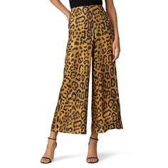 Leopard printed twill (100% Polyester). Pants. Hidden side zipper closure. Hook-and-eye closure. 26" inseam. 13" front rise. Imported. Chic Printed Ankle-length Wide Leg Pants, Chic Ankle-length Printed Wide Leg Pants, Chic Ankle-length Printed Bottoms, Chic Printed Ankle-length Bottoms, Chic Printed Trousers, Chic Wide-leg Printed Pants, Trendy Printed Wide-leg Pants, Chic Printed Ankle-length Pants, Chic Leopard Print Straight Leg Bottoms